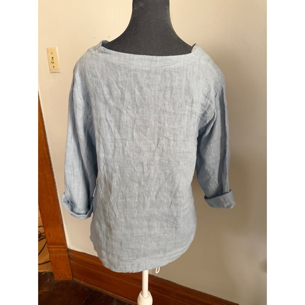 Gigi Moda Italy Blue Linen V-Neck Tunic Top Long Sleeve Lagenlook coastal beachy - Picture 6 of 10